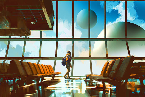 молодые девушки, ходить в аэропорт глядя через окно планет - futuristic reflection fashion women stock illustrations