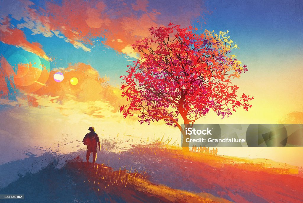 Paisaje de otoño con solo árbol en las montañas - Ilustración de stock de Árbol libre de derechos