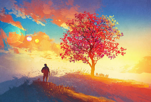 autumn landscape with alone tree on mountain autumn landscape with alone tree on mountain,coming home concept,illustration painting autumn mountain landscape sunset stock illustrations