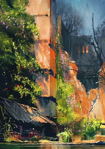 digital painting of abandoned building covered with vegetation