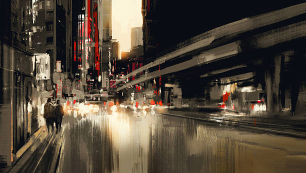night scene city scape painting city street digital painting.illustration people distance stock illustrations