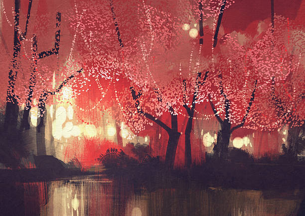 сцена ночи осенний лес - backgrounds multi colored water mystery stock illustrations