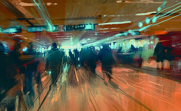 motion blurred people walking in the terminal digital painting of motion blurred people walking in the terminal blurred motion people walking stock illustrations