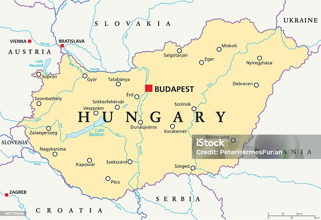 Hungary Political Map Hungary political map with capital Budapest, national borders, important cities, rivers and lakes. English labeling and scaling. Illustration. Hungary stock vector