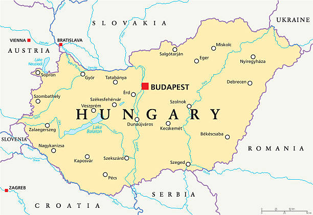 Hungary Political Map Hungary political map with capital Budapest, national borders, important cities, rivers and lakes. English labeling and scaling. Illustration. hungary stock illustrations