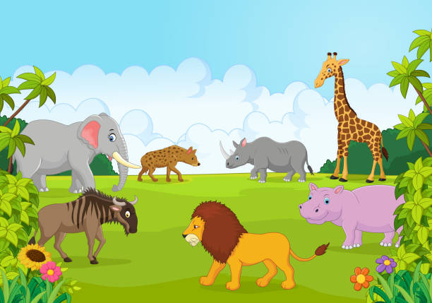 Collection animal africa in the jungle vector, africa, animal, big, cartoon, character, collection, comic, elephant, flower, forest, fun, giraffe, hippo, hyena, illustration, isolated, jungle, large, lion, mammal, mascot, rhino, run, safari, side, step, strong, tail, walk, wildebeest wildebeest running stock illustrations