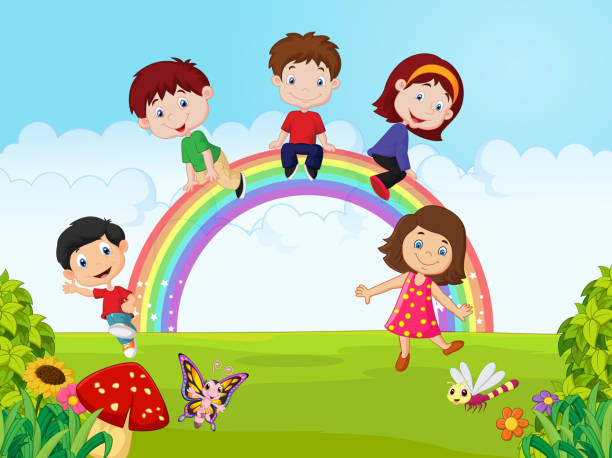 Cartoon Happy Kids Sitting On Rainbow On The Jungle Stock Illustration -  Download Image Now - iStock
