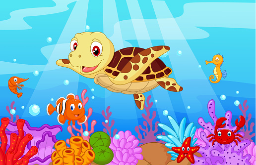 Cute baby turtle cartoon with collection fish