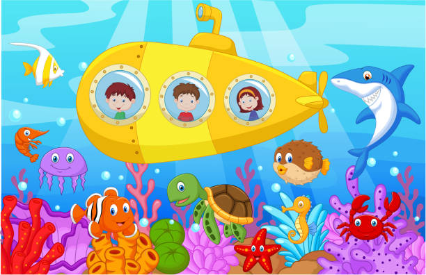 istock Happy kids in submarine on the sea 487732220