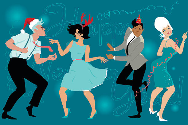 Retro New Year's Eve Group of young people dressed vintage fashion dancing celebrating New Year in the club, vector illustration, EPS 8, no transparencies, no mesh the twist stock illustrations