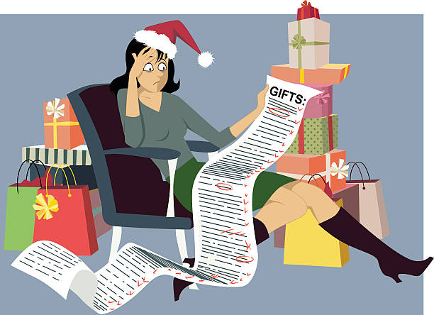 ilustraciones, imágenes clip art, dibujos animados e iconos de stock de compras en los días festivos - shopping christmas women retail