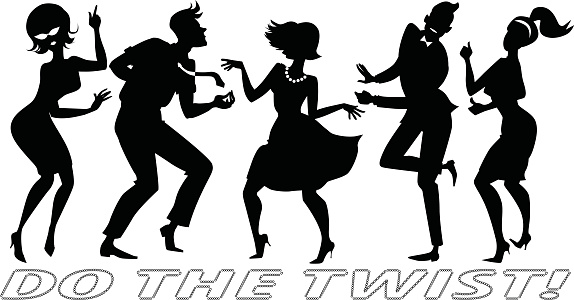 Black vector silhouettes of people dressed in vintage clothes, dancing the Twist, each figure on a separate layer, no white objects, EPS 8