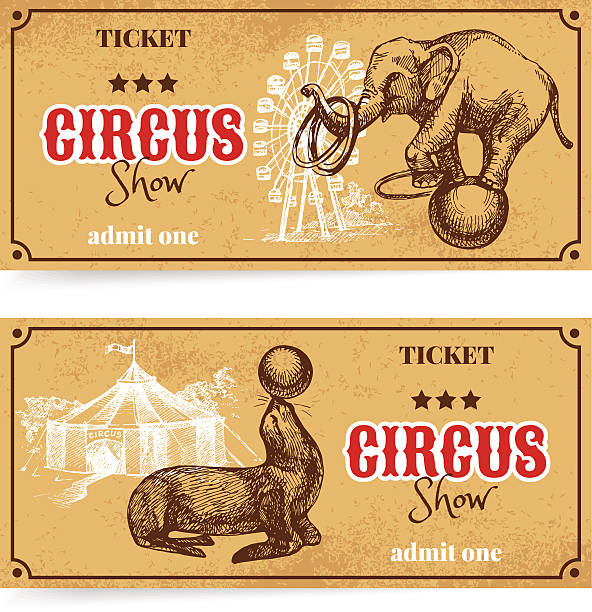Vintage circus show ticket set. Hand drawn sketch vector illustr Vintage circus show ticket set. Hand drawn sketch vector illustration sketches of elephants background stock illustrations
