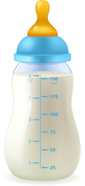 Baby bottle with milk formula - blue cap Baby bottle with milk formula with blue cap for baby boy. Vector illustration. glass medicine blue bottle stock illustrations