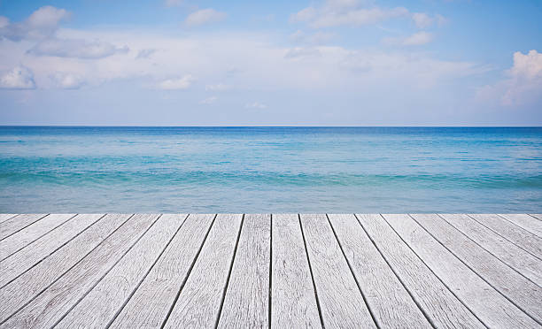 istock Wooden floor with beautiful ocean and blue sky 487736158