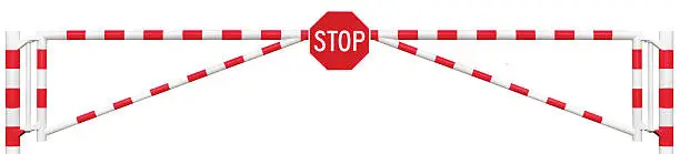 Gated Road Barrier Closeup, Octagonal Stop Sign, Roadway Gate Bar In Bright White And Red, Traffic Entry Stop Block And Vehicle Security Point Gateway, Isolated Closed Way Entrance Checkpoint, Halt Octagon Roadsign Signage Warning Symbol, Restricted Area Blocker