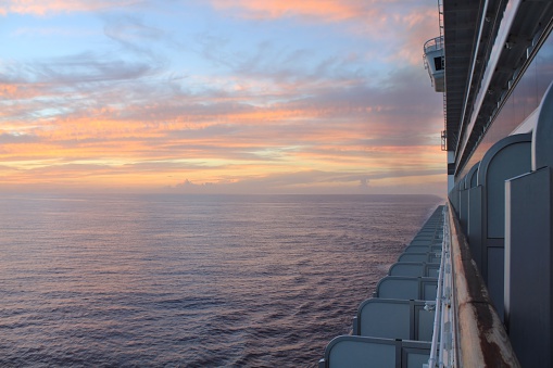 Sunset over Caribbean ocean. View from cruise ship