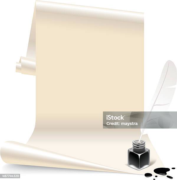 Paper With An Inkwell And Feathe Stock Illustration - Download Image Now - Ink Well, Paper Scroll, Feather