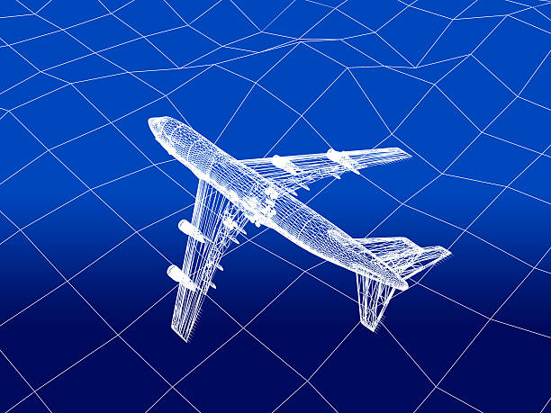 istock 3D wireframe of airplane flies over a sea 487745313