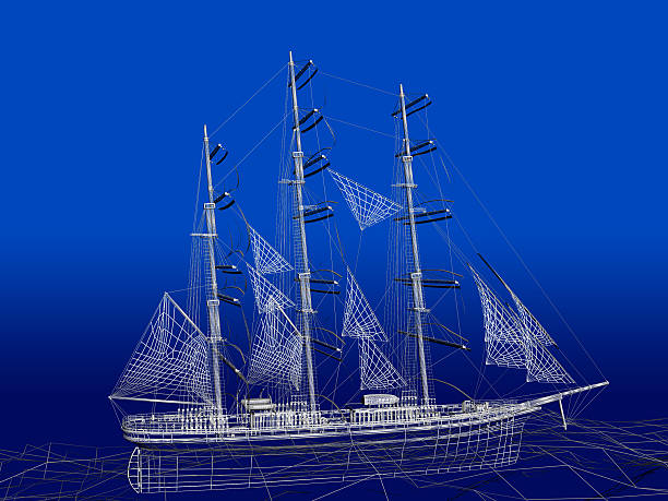 istock 3D wireframe of Chinese Junk in ocean 487746675