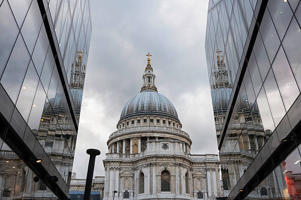 St.Paul’s Cathedral reflected on glass office building in London