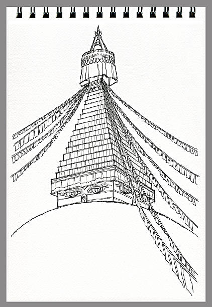 illustrations, cliparts, dessins animés et icônes de illustration dessin freehand temple bouddhiste de bodnath, katmandou, népal - bodnath stupa