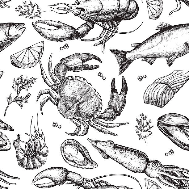 ilustraciones, imágenes clip art, dibujos animados e iconos de stock de patrón de vectores dibujados a mano, pescados y mariscos. ilustración vintage - pez ilustraciones