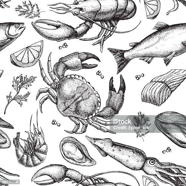 Vector Hand Drawn Seafood Pattern Vintage Illustration Stock Illustration - Download Image Now