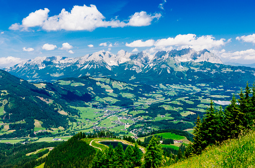 Wilder Kaiser mountain range in the Tirol region of Austria, taken from the Hahnenkamm above Kitzbuhel.