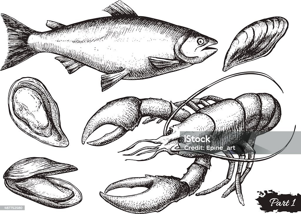 Vecteur main dessiné ensemble de fruits de mer. illustration Vintage - clipart vectoriel de Poisson libre de droits
