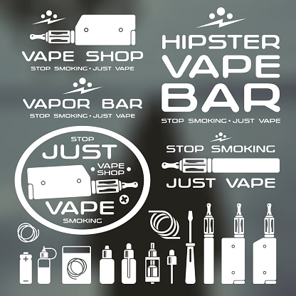 Vapor bar and vape shop logo and e-cigarette icons. White print on blurred background