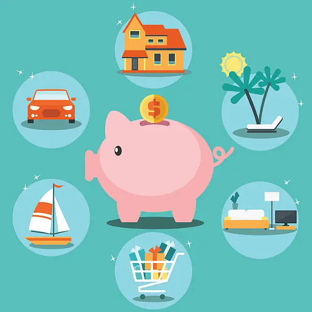 Vector illustration of Piggy bank with cons. Saving and investing money vector concept