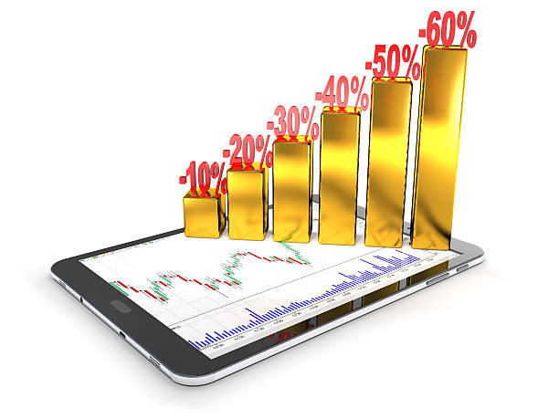 Tablet PC, gold bars as a concept of financial success. Tablet PC, numbers, percentages, gold bars are on white background. goldco review rankings stock pictures, royalty-free photos & images