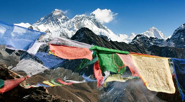istock view of everest from gokyo ri with prayer flags 487769883