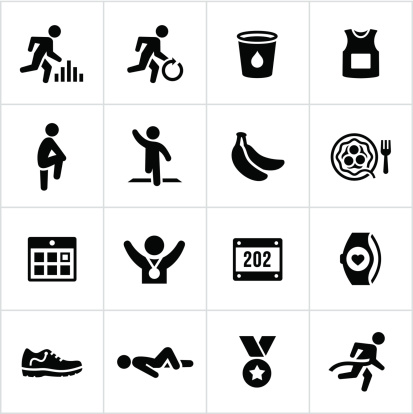 Marathon or distance running related icons. All white strokes/shapes are cut from the icons and merged allowing the background to show through.