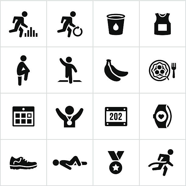 Black Marathon Icons Marathon or distance running related icons. All white strokes/shapes are cut from the icons and merged allowing the background to show through. marathon icons stock illustrations