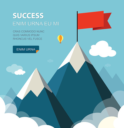 Landscape with flag on the mountain. Success concept illustration. Overcoming difficulties.