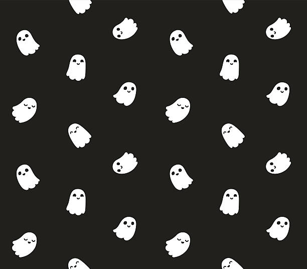 Cute cartoon ghost pattern Seamless pattern of cute tiny ghosts on black background. halloween background stock illustrations