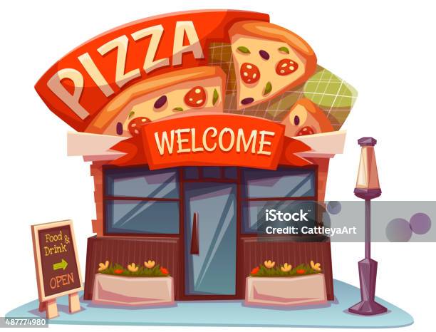 Pizzeria Building With Bright Banner Vector Illustration Stock Illustration - Download Image Now