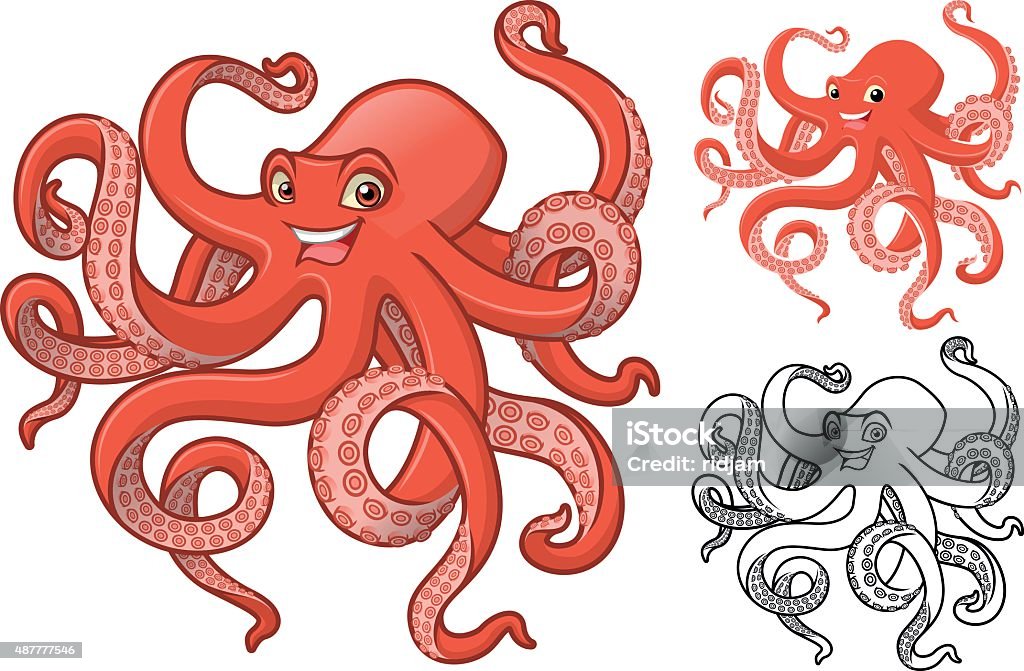 High Quality Octopus Cartoon Character Detailed Octopus Cartoon Character Include Flat Design and Line Art Version 2015 stock vector