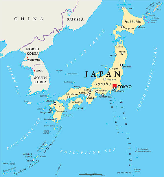 Japan Political Map Japan political map with capital Tokyo, national borders and important cities. English labeling and scaling. Illustration.Illustration. honshu stock illustrations
