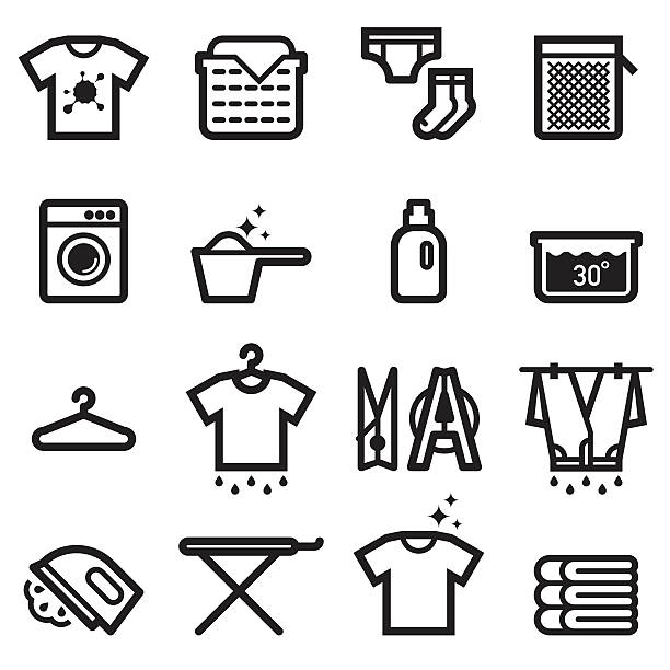 illustrazioni stock, clip art, cartoni animati e icone di tendenza di icone di lavanderia - iron laundry cleaning ironing board