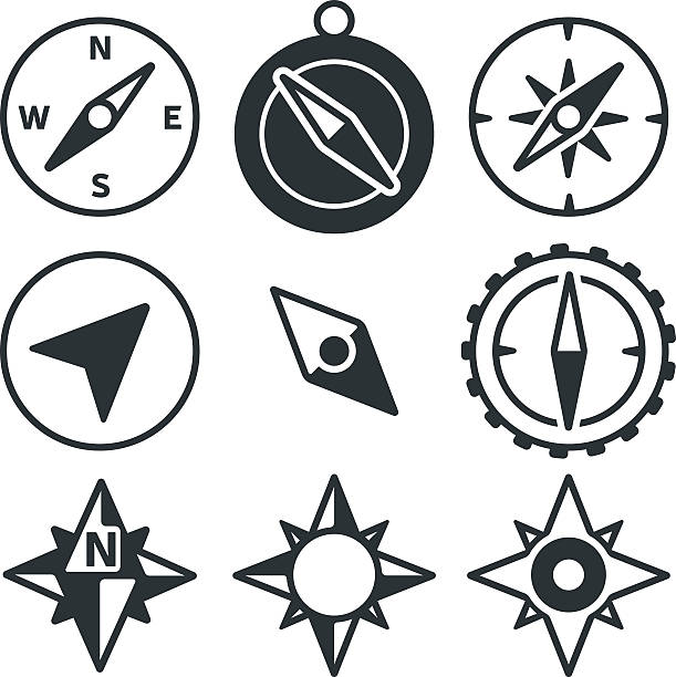 ilustraciones, imágenes clip art, dibujos animados e iconos de stock de brújula y iconos de navegación - compass compass rose direction north