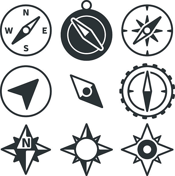ilustrações de stock, clip art, desenhos animados e ícones de bússola e ícones de navegação - compass compass rose north direction