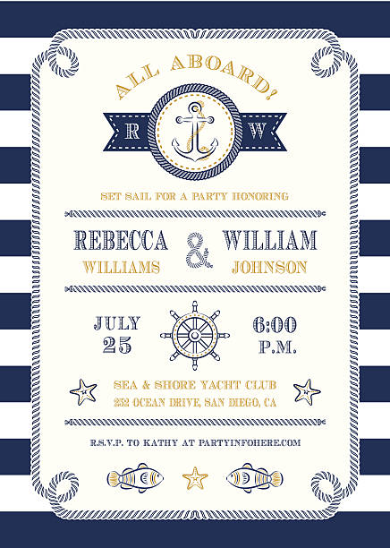 Nautical Themed Invitation Nautical themed invitation with anchor and rope border. Blue nautical stripe background. Layered file. http://i483.photobucket.com/albums/rr191/pjdesigns/Party.jpg  boat stock illustrations