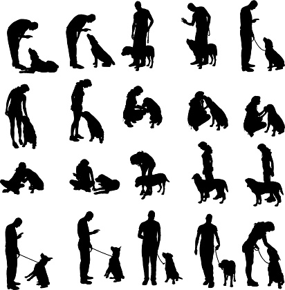 Vector silhouette of people with a dog on a white background.