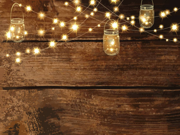 horizontal wooden background with string lights and jars - 燈串 插圖 幅插畫檔、美工圖案、卡通及圖標