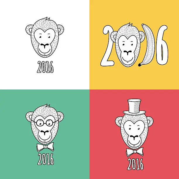Vector illustration of Set of vector New Year 2016 greeting cards with monkey