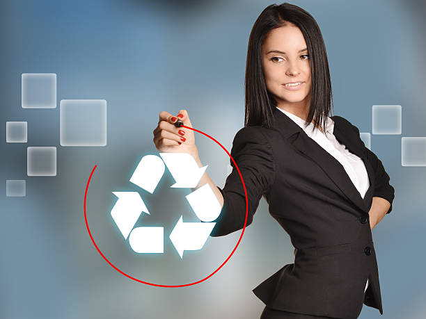 Woman leads round a red marker icon recycling