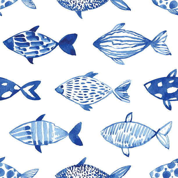 fishes Light watercolor blue fishes on the white background. Seamlessly tiling fish pattern. Vector. fish designs stock illustrations